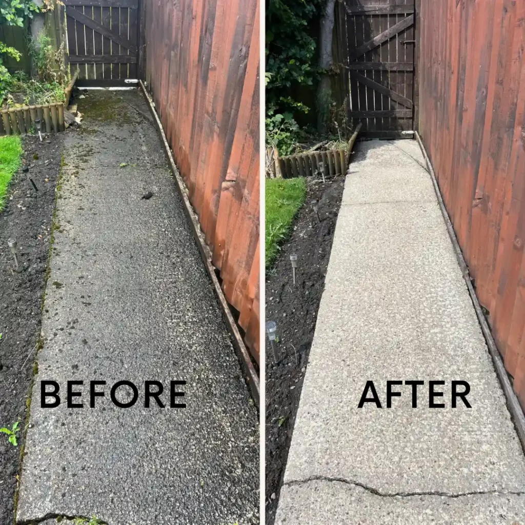 Side-by-side image showing a mossy, dirty pathway labeled "BEFORE" and the same pathway freshly cleaned and bright labeled "AFTER".