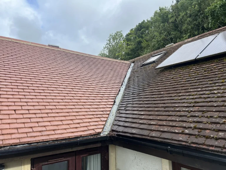 Image highlighting the effectiveness of roof cleaning on red tiles, with a stark visual contrast between the cleaned, bright red side and the dirty, mossy side.