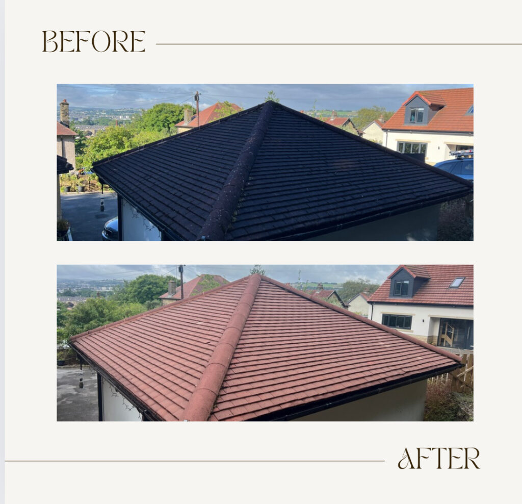 The same roof seen in two different states—before cleaning with moss and after with a fresh, clean look.