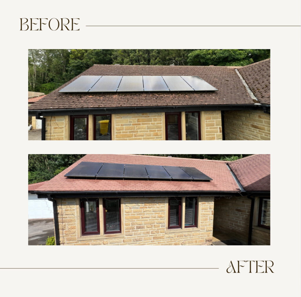 A roof transformation from moss-covered and weathered to clean and bright after professional exterior cleaning.