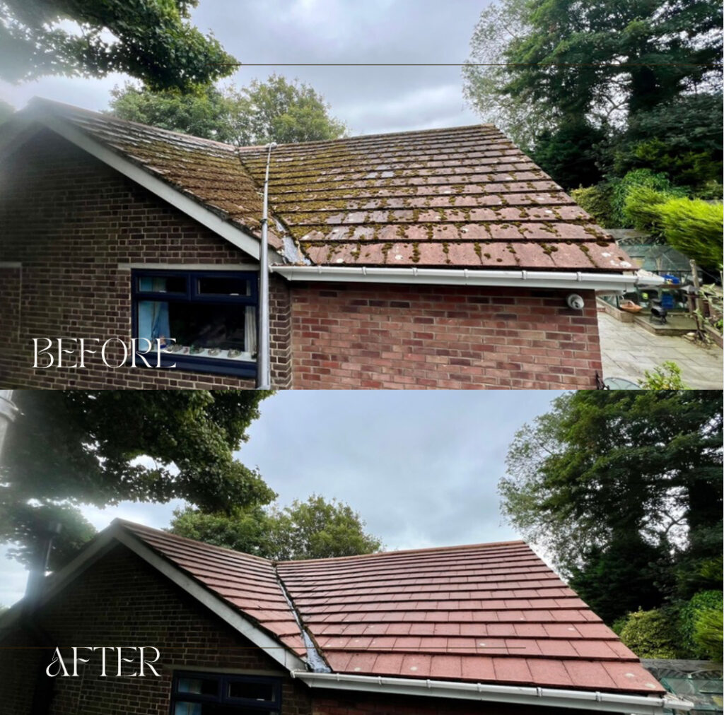 Side-by-side images of a roof, with the top image showing moss growth and the bottom image displaying the roof after professional cleaning.