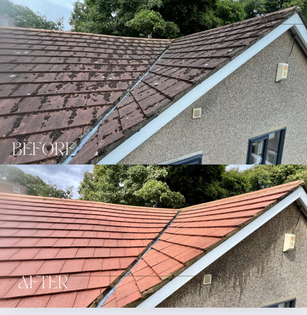 A house roof before and after moss removal, highlighting the difference in cleanliness and appearance.