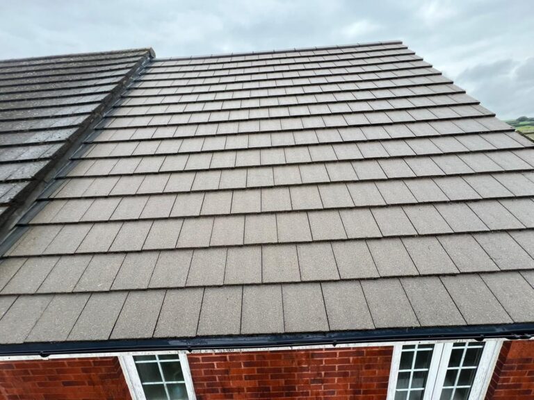 Worker using a brush and cleaning solution to remove moss from a residential roof, improving its appearance and longevity.