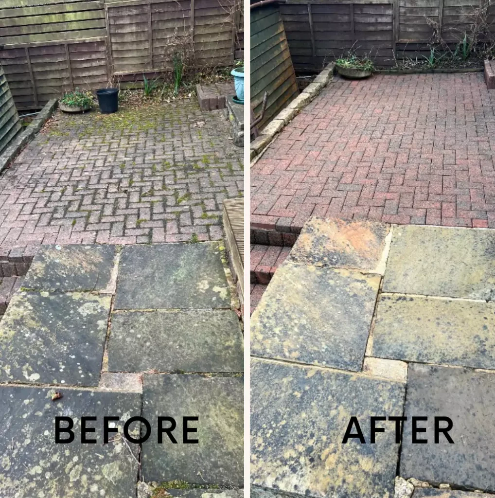 Transformation of a patio and steps area from dirty and mossy to clean and bright, depicted in "BEFORE" and "AFTER" images, emphasizing the effectiveness of cleaning services.