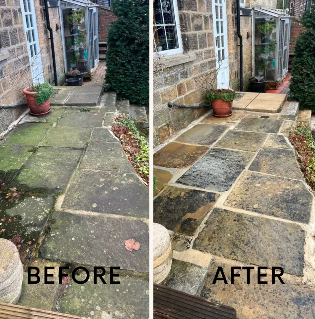 "BEFORE" and "AFTER" image showing a stone pathway cleaning transformation. The "BEFORE" section displays a mossy and stained stone path, while the "AFTER" section shows the same pathway cleaned to reveal its natural stone colors.