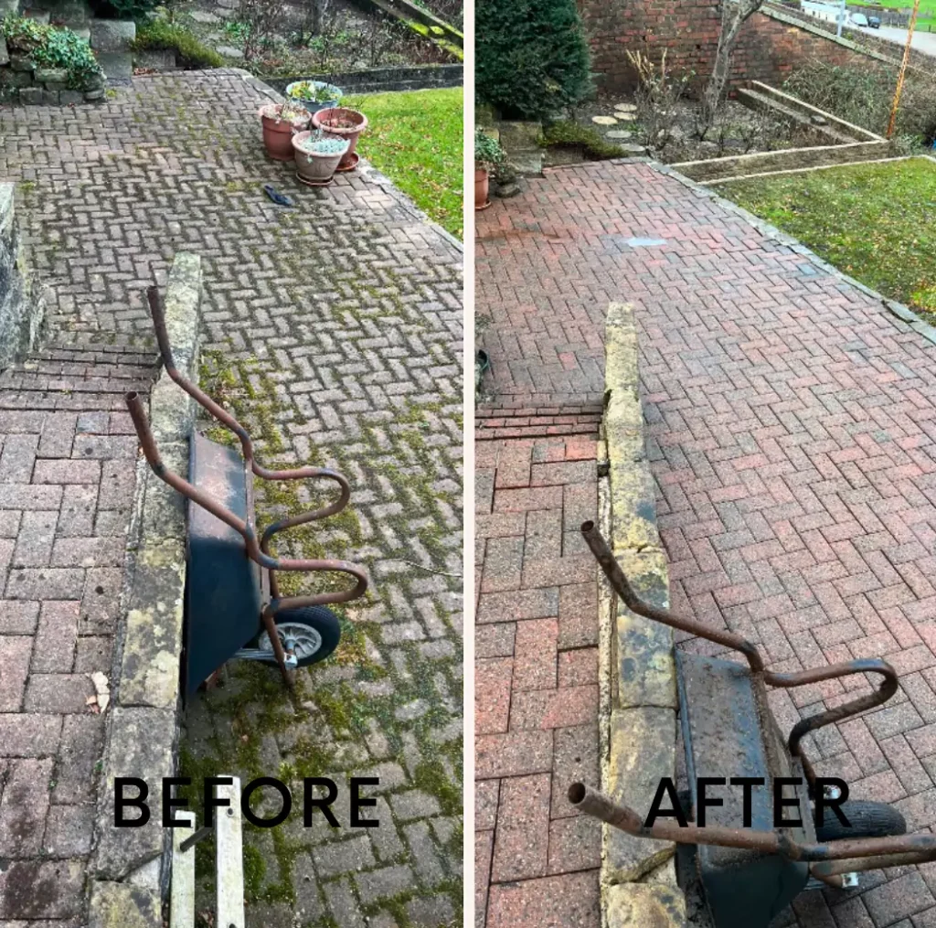 Side-by-side comparison labeled "BEFORE" and "AFTER" demonstrating both patio and wheelbarrow cleaning services. The "BEFORE" image shows a patio covered in moss and a grime-covered wheelbarrow. The "AFTER" image reveals a clean patio and a refreshed wheelbarrow.