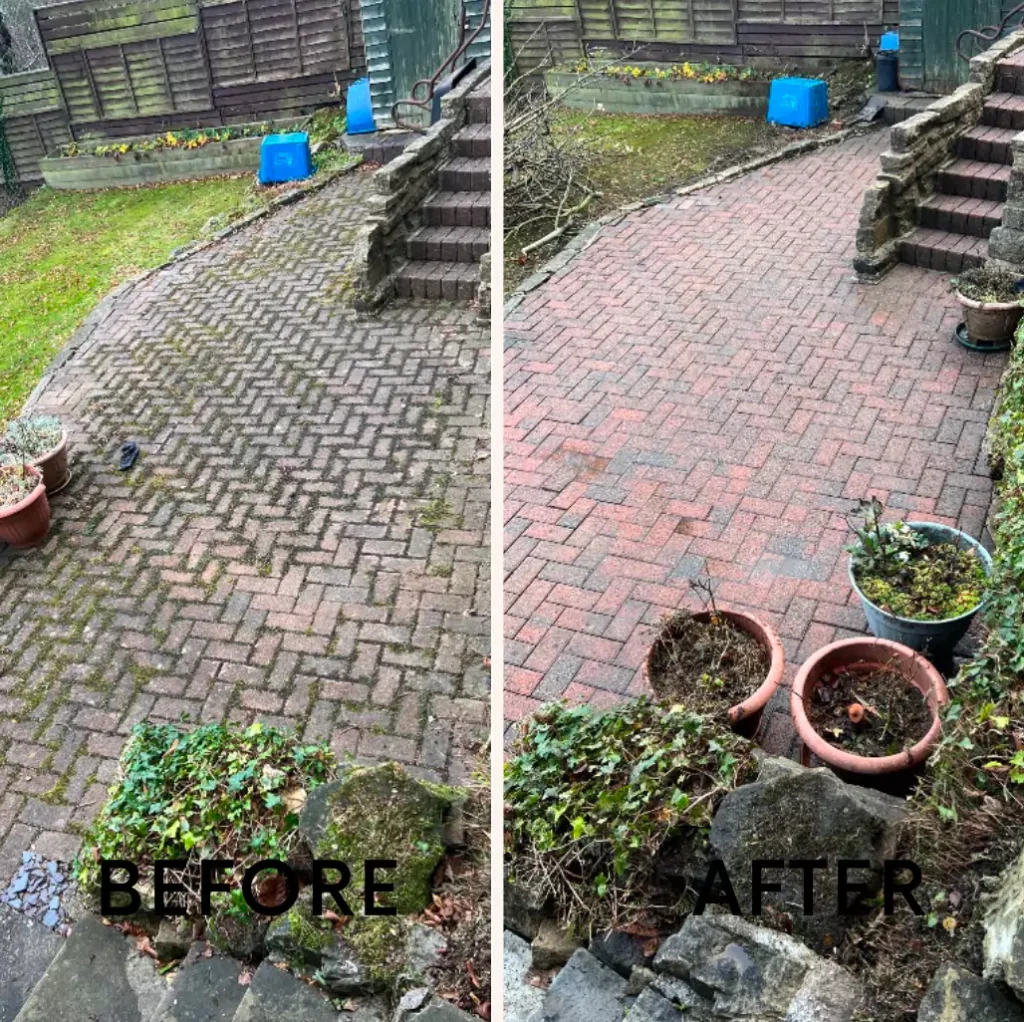 The "BEFORE" image shows a brick patio heavily covered in moss and grime. The "AFTER" image presents the same patio cleaned, revealing bright red bricks and a fresh appearance, demonstrating patio cleaning services.