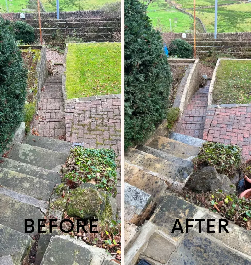 "BEFORE" and "AFTER" images demonstrating cleaning of stone steps and a brick pathway. The "BEFORE" section shows steps and a path covered in moss and debris, while the "AFTER" section displays the same area cleaned, revealing the stone and brick.