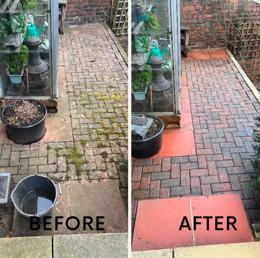 "BEFORE" and "AFTER" images of a brick patio transformation after cleaning. The "BEFORE" section shows a patio covered in moss and dirt, while the "AFTER" section displays the same patio cleaned to a vibrant red brick color.