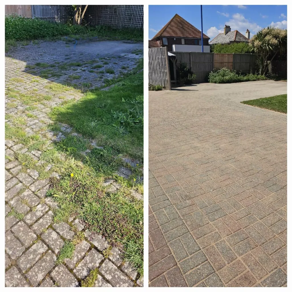 Before and after of a driveway cleaning transformation, showing removal of weeds and dirt to reveal clean paving.