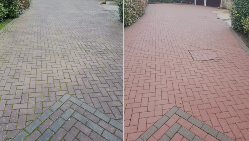 Before and after of a brick driveway cleaned to remove moss and dirt.