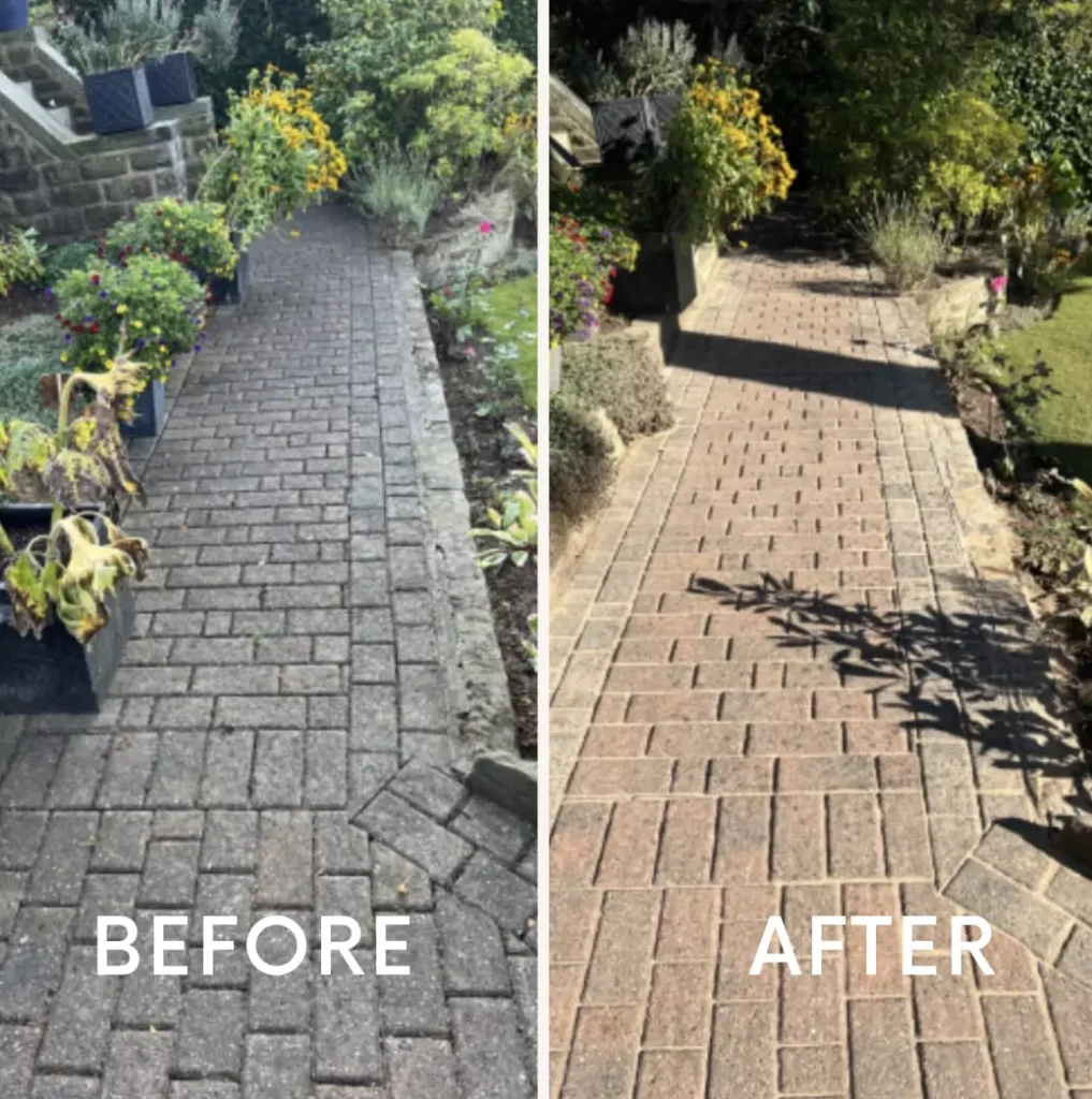 Side-by-side comparison showing a dirty brick path labeled "BEFORE" and a clean path labeled "AFTER".
